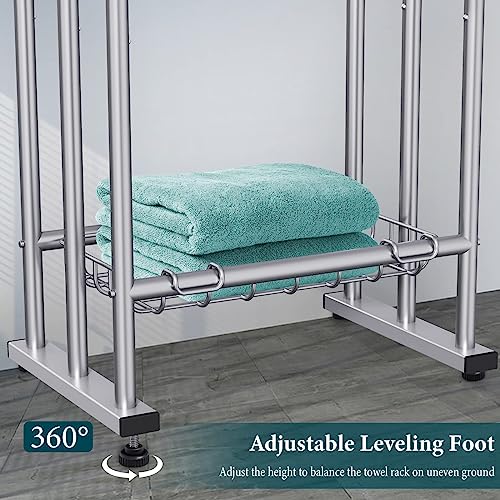 Kayfia 40'' Freestanding 3 Tier Alloy Steel Towel Rack with Storage Basket | Dual-Use Drying & Display Rack, Holds Oversized Bath Towels & Blankets, Fits Bathroom, Tub, Shower, Poolside, Silver - color: Grey