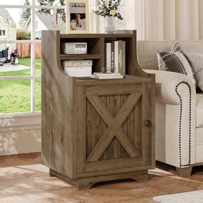 4ever2buy Oak Nightstand with Storage, 30" Tall Night Stand with Hutch | Farmhouse Tall Bedside Table End Table for Bedroom Living Room Sofa Office, Oak - color: Oak