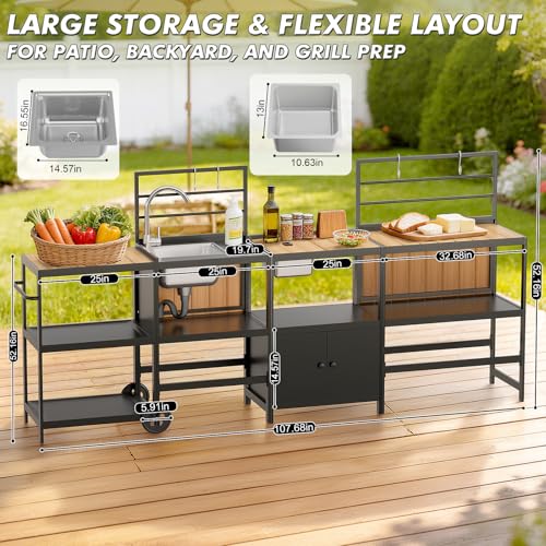 LEVELEVE Modular Outdoor Kitchen Island 4-Piece Set, Aluminum Outdoor Prep Station Grill Cart with Independent Sink, Storage Cabinets & Shelves for Backyard Patio Deck - size: 4-Pieces Set