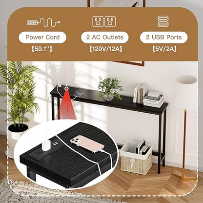 FAMIDGE Charging Console Table with Outlet 36 Inch Tall Narrow Sofa Table One-Piece Top Behind Couch Table 2 USB 2 AC for Entryway Hallway, Living Room, Black - color: Black