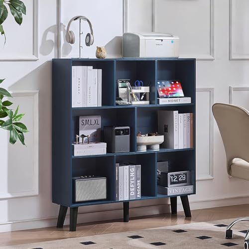 LEYAOYAO 8 Cube Bookshelf,3 Tier Bookcase with Legs,Dark Blue Mid-Century Modern Bookshelves,Large Open Storage Organizer Shelf, Wooden Book Case - color: Dark Blue, size: 8 Cube with Legs