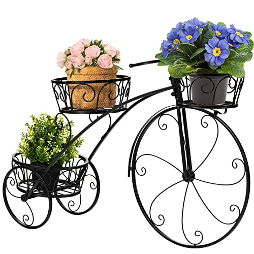 Giantex Metal Bicycle Planter, 3 Tier Tricycle Flower Plant Stand w/ 3 Decorative Wheels, Parisian Style Flower Display Stand Cart for Home Decor Patio Garden Flower Shop Indoor Outdoor - color: Black