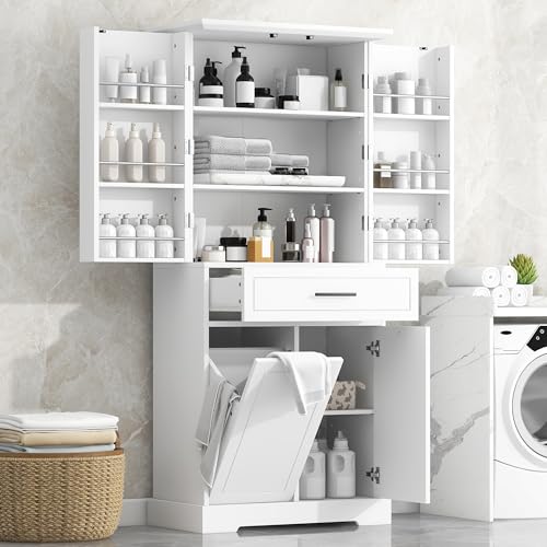 Tall Storage Cabinet, Multi-Use Bathroom Floor Freestanding Storage Cabinet with 3 Doors, One Drawer, Adjustable Shelf, and One Tilt-Out Laundry Hamper for Bathroom, Office, Living Room, White - color: White/3 Doors
