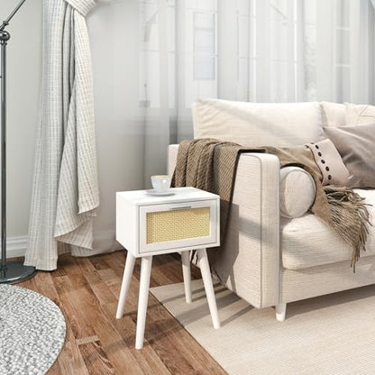 LAATOOREE Table, Nightstand Set of 2 - Small End Table with Rattan Door, Boho Style for Bedroom Living Room - White - color: White, style: Boho Style
