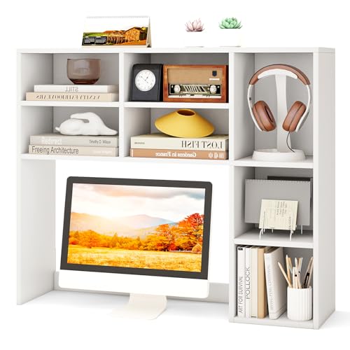Tangkula Desktop Bookshelf, 37" Countertop Storage Hutch with 7 Cubes & 3 Adjustable Shelves, 3-Tier Desk Display Rack Organizer, Multipurpose Wood Desktop Hutch for Dorm Home Office (White) - color: White, size: 7 Shelves
