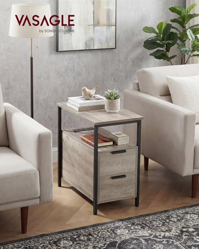 VASAGLE Side End Table with Charging Station, Slim Nightstand with 2 Drawers, Narrow Bedside Table for Living Room, Small Spaces, Heather Greige and Ink Black ULET321B02V1S - color: Heather Greige + Ink Black, size: 23.6"D x 11.8"W