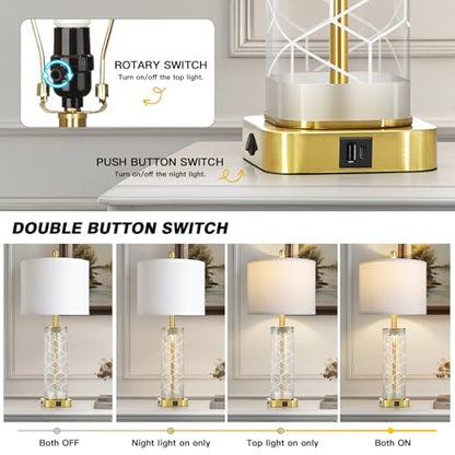 28" Gold Print Glass Table Lamps Set of 2 with Night Light, Modern Bedside Lamps with USB C+A Charging Ports, Nightstand Lamps for Living Room, Glass Lamps for Bedroom End Table, 2 Bulbs Included - color: Gold Print(2 Pack)