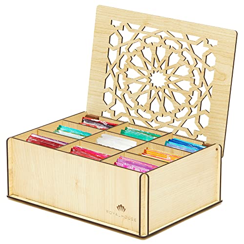 RoyalHouse Premium Wood (Hard MDF) Tea Storage Box Organizer (White), Eco-Friendly Multi-Functional Decorative Box, 9 Compartments For Assorted Variety Of Tea Bags and Small Items | Eco Friendly Design, Decorative Storage Box, Multi Functional Organizer,
