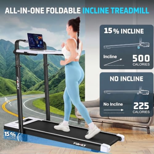 FUNMILY Upgrade Walking Pad Folding Treadmill with 12%/15% Incline & Handle Bar, 3.5HP Foldable Under Desk Compact Treadmills for Home/Office/Gym, 400+lb Capacity, Shock Absorption - color: Moon White