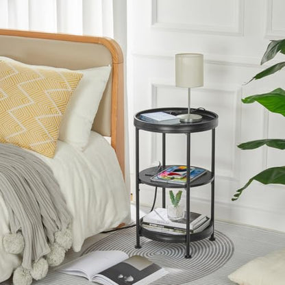 Dulcii Round Side Table with Charging Station, 24'' End Table with 3 Shelves for Living Room, Bedroom Nightstand with Steel Frame for Small Spaces, Industrial Round Sofa Table (USB+Black) - color: Black, style: With Outlets