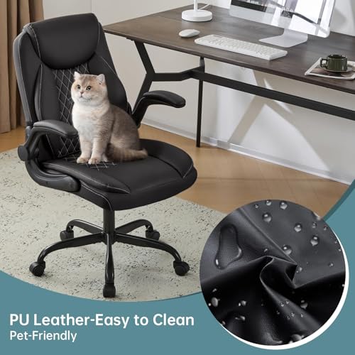 YFO Leather Office Ergonomic Home Office Desk Chair, Back Support Swivel Executive Office Chair with Wheels and Flip-Up Armrests, Small Gaming Chair with Adjustable Rocking Function, Black - color: Black
