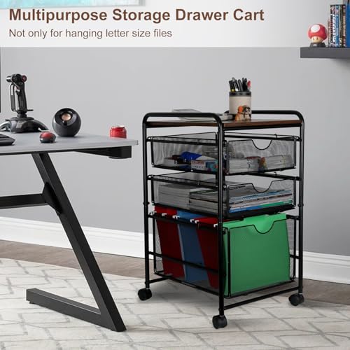 EasyPAG 3-Tier Rolling File Cart with 1 Large & 2 Small Baskets – Adjustable Hanging Organizer, Under Desk Storage, Mobile File Cabinet for Home/Office, Black