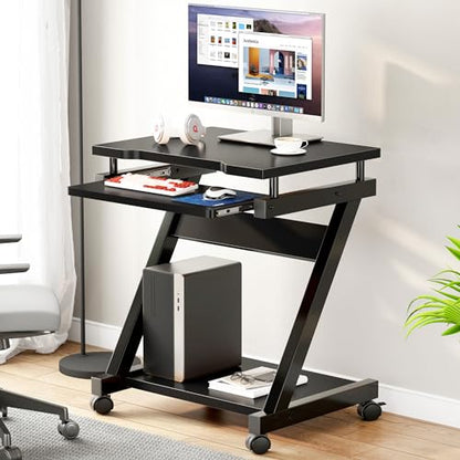 sogesfurniture Mobile Computer Desk, Small Rolling Work Workstation for Home and Office with Printer Shelf, Keyboard Drawers,23.6 x 18.9 x 28.7 Inches,BHUS-DX-8110-BB(Black) - color: Black