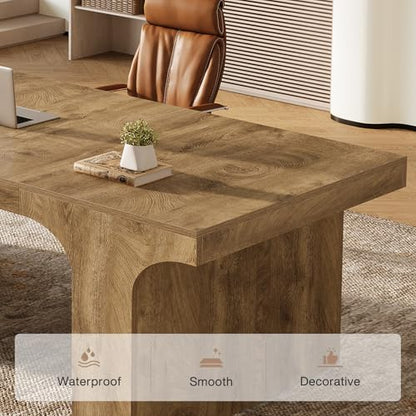 Tribesigns 70.87" Executive Office Desk with Arched Design, Oak | Modern Wooden Writing Table, Large Workspace Computer Desk Simple Business Furniture for Home Office, Sturdy Room - color: Oak