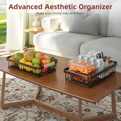 Sevenblue 2-Tier Fruit Basket with Banana Hangers, Detachable Metal Bowl | Wooden handle, protective mats included. Versatile holder for bread, snacks, and veggies. Extra Large 2 tier metal design. - color: Brown, size: 2 Tier Extra Large