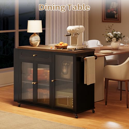 Kitchen Island with Power Outlet - Kitchen Cart on Wheels with Storage Cabinets & Drawers, Rolling Island Table with Spice & Towel Rack, Portable Islands with Large Wood Counter, Dinning Room - color: Black