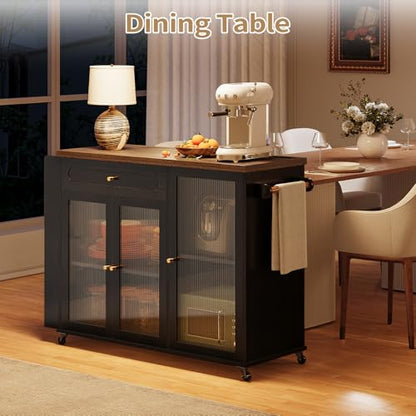 Kitchen Island with Power Outlet - Kitchen Cart on Wheels with Storage Cabinets & Drawers, Rolling Island Table with Spice & Towel Rack, Portable Islands with Large Wood Counter, Dinning Room - color: Black