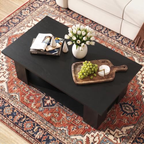 POWERSTONE 41 Inch 2-Tier Coffee Table with Storage Shelf, Wood Farmhouse Center Table with L Legs & Extra Bottom Support for Living Room, Black - color: Black