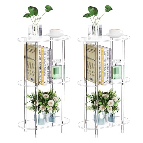 Clear Acrylic Narrow Side Table Set of 2 for Small Spaces, 15.75" L x 7.87" W x 26.7" H, 3 Tier Oval Slim End Table Nightstand, Small Minimalist Skinny Bedside Table for Bedroom, Living Room - size: 3 Tier 2-Pack 26.7"H