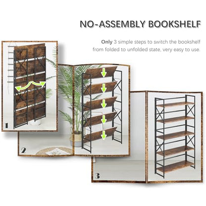 4NM Extra Wide 5 Tiers No Assembly Book Shelves, 51.2" H Folding Bookshelf Bookcase Open Industrial Foldable Shelves for Bedroom, Living Room, Home Office - Rustic Brown Black - color: Rustic Brown Black, size: Wide XX 5-Tier