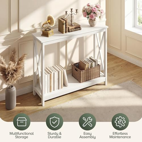 JupiterForce 39.4'' Entryway Table Console Table, 2-Tier Narrow Sofa Side Table with Storage Shelves for Entryway, Living Room, Hallway, Office, Foyer, Space Saving (White) - color: White