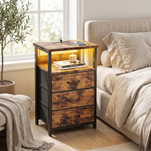 Fixwal Night Stand with Charging Station, LED Nightstand with Fabric Drawers, End Table with PU Finish, Bed Side Table, Rustic Brown - color: Rustic Brown, size: 27.6"H (3 drawers), style: Power+Light (1pc)