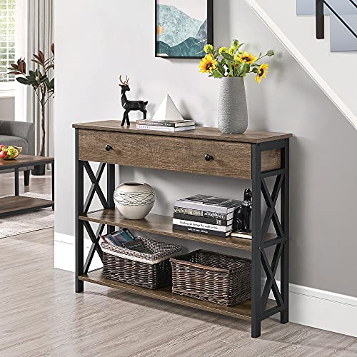 Topeakmart Industrial Console Table Sofa Table with Storage for Entryway, 3 Tier Console Table with Drawer Sturdy Hallway Table for Living Room, X Design, Taupe Wood - color: Taupe Wood, style: without Power Outlet