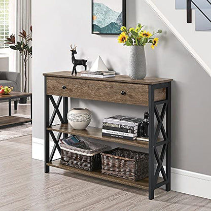 Topeakmart Industrial Console Table Sofa Table with Storage for Entryway, 3 Tier Console Table with Drawer Sturdy Hallway Table for Living Room, X Design, Taupe Wood - color: Taupe Wood, style: without Power Outlet