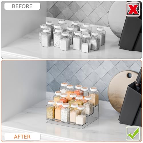 Yieach 2 Pack 3 Tier Clear Acrylic Spice Rack Organizer for Cabinet and Pantry Shelf - 10.3″L Small Tiered Spice Rack and Step Shelves for Vitamin,Medicine Bottle,Jar,Can,Seasoning,Condiment Organizer