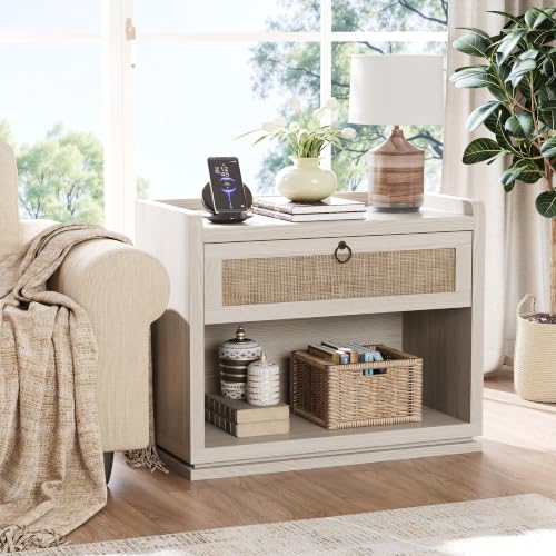 31" Wide Rattan Nightstand with Charging Station, End Side Table | Drawer & Open Shelf, Extra Large Night Stand, Farmhouse, Boho, Wood Bedside Table for Bedroom,Living Room,Office - color: White Cream Oak