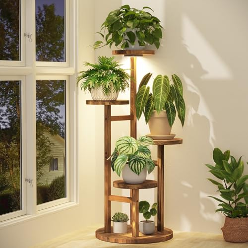 iDavosic.ly 4 Tier Plant Stand Indoor with Grow Light, Tiered Corner Wood Multiple Flower Holder Shelf, Tall Orchid Display Rack for Living Room Bedroom, Brown - color: Pine Brown with Light, size: 4 Tiers