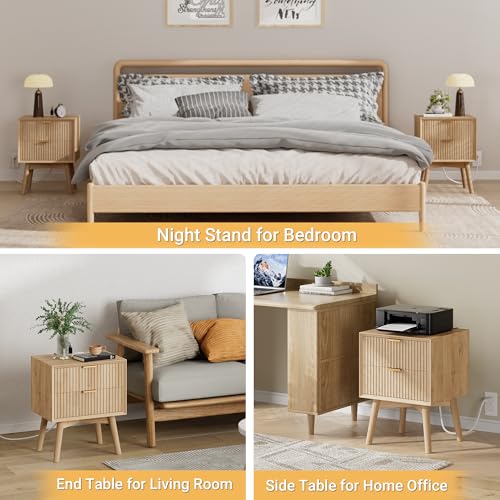 Fluted Nightstand Set of 2 with Charging & Beveled Edge, Natural | 18in Wide, FSC-Certified MDF, Solid Wood Legs, 2 Drawer, Metal Handle, Modern, Bedroom, Night Stand, Bedside Table, End Table - color: Natural Oak - Beveled Drawer, size: 18"W