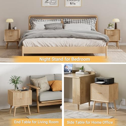 Fluted Nightstand Set of 2 with Charging & Beveled Edge, Natural | 18in Wide, FSC-Certified MDF, Solid Wood Legs, 2 Drawer, Metal Handle, Modern, Bedroom, Night Stand, Bedside Table, End Table - color: Natural Oak - Beveled Drawer, size: 18"W