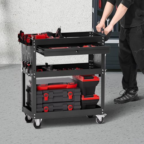 VEVOR 4-Tier Tool Cart with Wheels, 350 lbs Load Capacity, Rolling Work Cart with Drawer & Pegboard, Mechanic Tool Storage Organizer with Locking System for Garage, Warehouse and Repair Shop, Black - style: 4-Tier-350 lbs with 1 Drawer