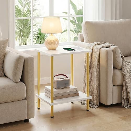HOOBRO Side Table with Charging Station, Set of 2 End Tables with USB Port and Outlets, Nightstand with 2-Layer Storage Shelves for Small Spaces, Living Room, Bedroom, White and Gold DW09UBZP201 - color: White + Gold