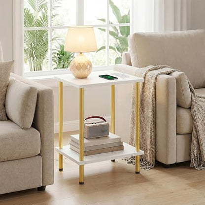 HOOBRO Side Table with Charging Station, Set of 2 End Tables with USB Port and Outlets, Nightstand with 2-Layer Storage Shelves for Small Spaces, Living Room, Bedroom, White and Gold DW09UBZP201 - color: White + Gold
