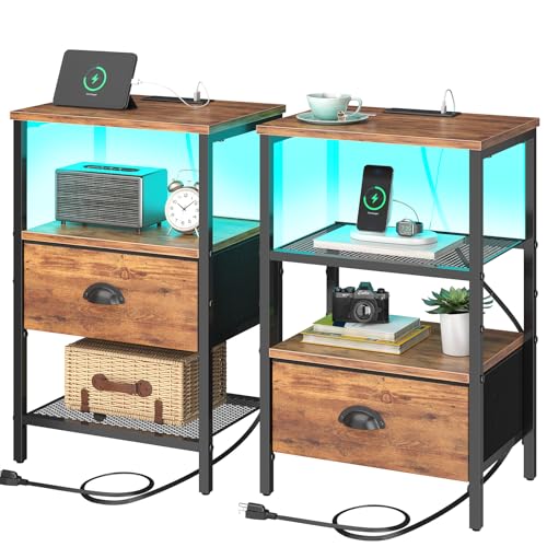 sthmec Nightstands Set of 2, LED Night Stands with Charging Station and Fabric Drawer, Bedside Tables with Drawers, 2- Tier LED Side Table End Table Charging Station Bedroom,Rustic Brown - color: Rustic Brown, style: Power & LED