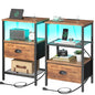 sthmec Nightstands Set of 2, LED Night Stands with Charging Station and Fabric Drawer, Bedside Tables with Drawers, 2- Tier LED Side Table End Table Charging Station Bedroom,Rustic Brown - color: Rustic Brown, style: Power & LED
