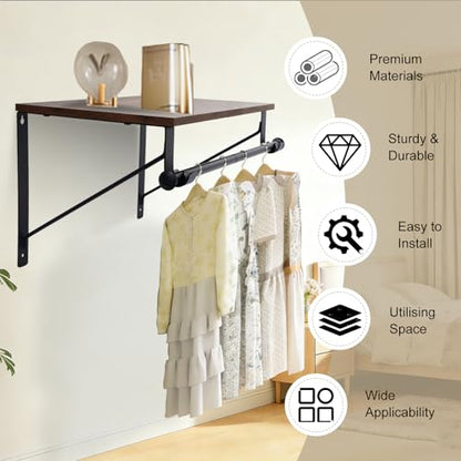 Wall Mounted Shelf with Hanging Rod, Laundry Room Shelves, Space Saving Organization for Bedroom, Bathroom, Laundry Room, Closet, Kitchen & Front Door