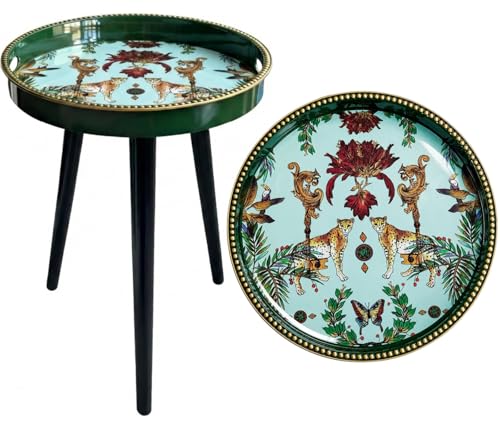 Small Round Side Table - 13 Inch Emerald Green Boho End Table with Vintage Cheetah Pattern Tray - Unique Tropical Accent Table with Moisture-Resistant Wrapped Legs for Living Room & Bedroom - color: 33 Green Leopard