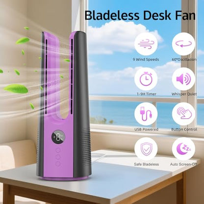 KONSIDEN Bladeless Desk Fan for Office, 13-Inch Small Quiet Desktop Fan with 9 Speeds, 60° Oscillation, 1–9H Timer and LED Display, Plug-In Bedside Fan with Adapter for Bedroom and Nightstand - color: Rose