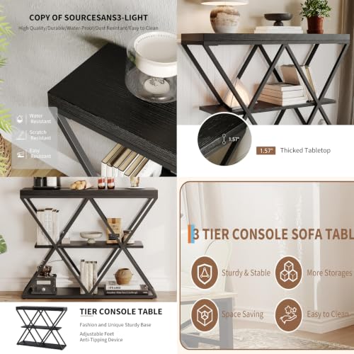 Garvee 3 Tier Console Table,39" Industrial Entryway Table,Open Wood Shelves | Sofa Table,Narrow Wood Accent Tables with Metal Frame for Hallway,Living Room,Behind Couch,Foyer,Entrance,Gray - color: Gray + X-shaped