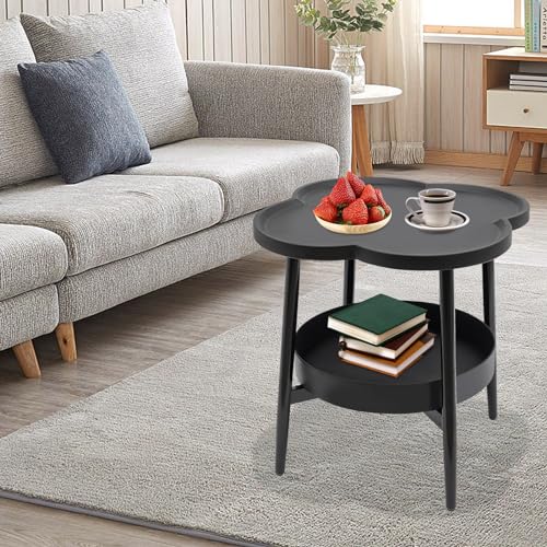 2-Tier Modern Side Table for Couch, Four-Leaf Clover Shape End Table Small Nightstand Coffee Tea Table Snack Table Sofa Side Table with Storage for Living Room Bedroom - color: Black