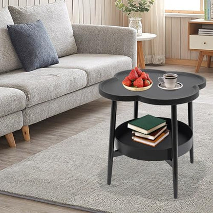 2-Tier Modern Side Table for Couch, Four-Leaf Clover Shape End Table Small Nightstand Coffee Tea Table Snack Table Sofa Side Table with Storage for Living Room Bedroom - color: Black