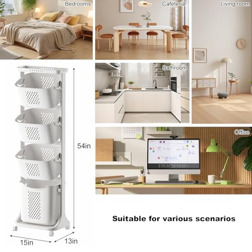 4-Tier Laundry Hamper Sorter, 54" Tall Laundry Storage Organizer with Wheels, Removable Rolling Laundry Baskets Bathroom Cart for Dirty Clothes, White