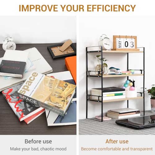 YGYQZ Desk Shelf Organizer for Top of Desk, 3-Tier Desktop Bookshelf, Black & Wood - color: 3-tier Black/Wood