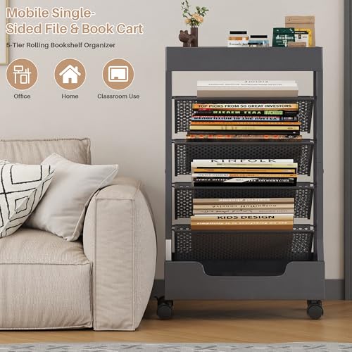 UMDONX Modern Mobile Single-Sided Metal Book Cart | Features A Metal Top Panel, A Base, and Clip-in Shelves; Suitable for Home, Office, and Classroom - color: Gunmetal Gray