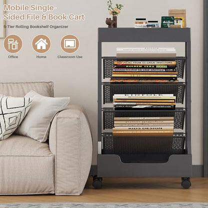 UMDONX Modern Mobile Single-Sided Metal Book Cart | Features A Metal Top Panel, A Base, and Clip-in Shelves; Suitable for Home, Office, and Classroom - color: Gunmetal Gray
