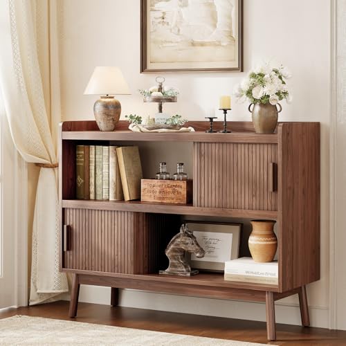 ONBRILL 44" Sideboard Buffet Cabinet with Outlet & 2 Open Storage Spaces, Fluted Sideboard Cabinet with Sliding Door & Adjustable Shelves, Mid-Century Accent Coffee Bar Console Table with Wooden Feet - color: Wlanut, size: 44"
