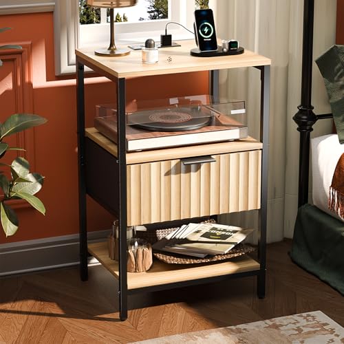 VINGLI Night Stand with Charging Station and Fabric Drawer, Fluted Nightstand with Drawer, Bed Side Table/End Table for Bedroom, Dorm, 14.96" W*11.81" D*23.7" H, 1 pc - color: Oak, size: 15"W-1 Drawer 2 Shelf